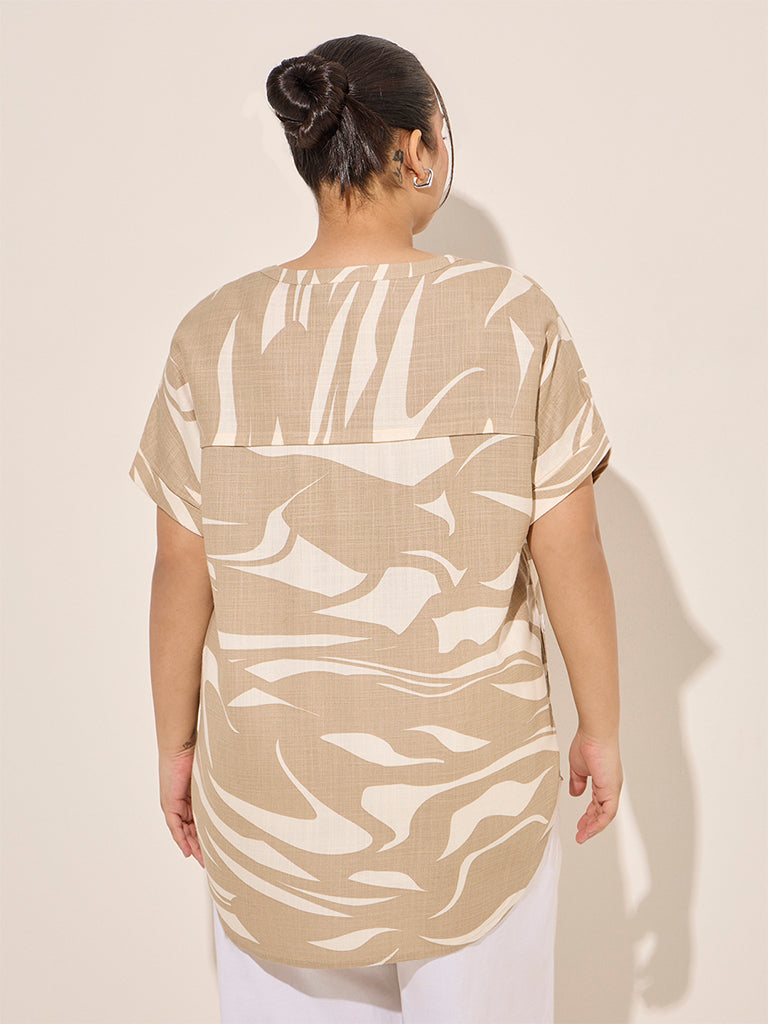 Westside Gia Women's Beige Abstract Printed High-Low Cotton Blouse for Casual Wear Back View