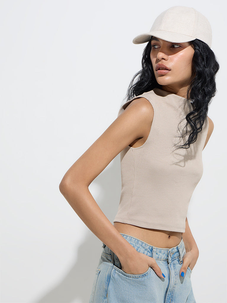 Westside Nuon Women's Beige Ribbed Textured Cotton-Blend Top for Casual Wear Front View