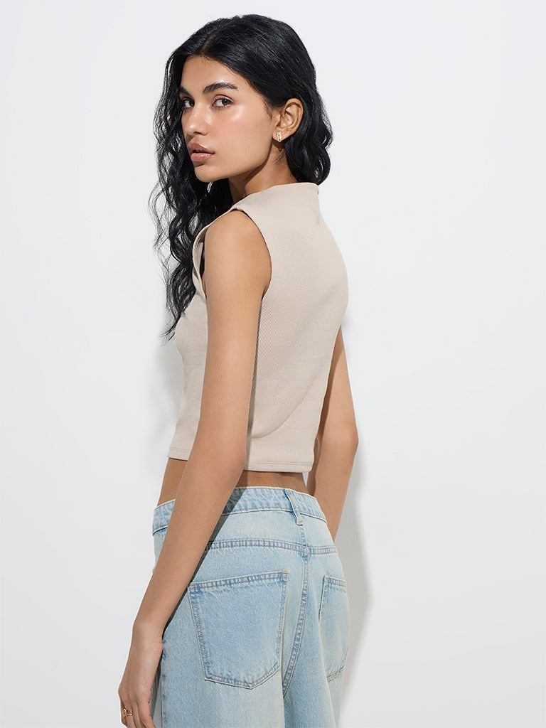 Westside Nuon Women's Beige Ribbed Textured Cotton-Blend Top for Casual Wear Back View