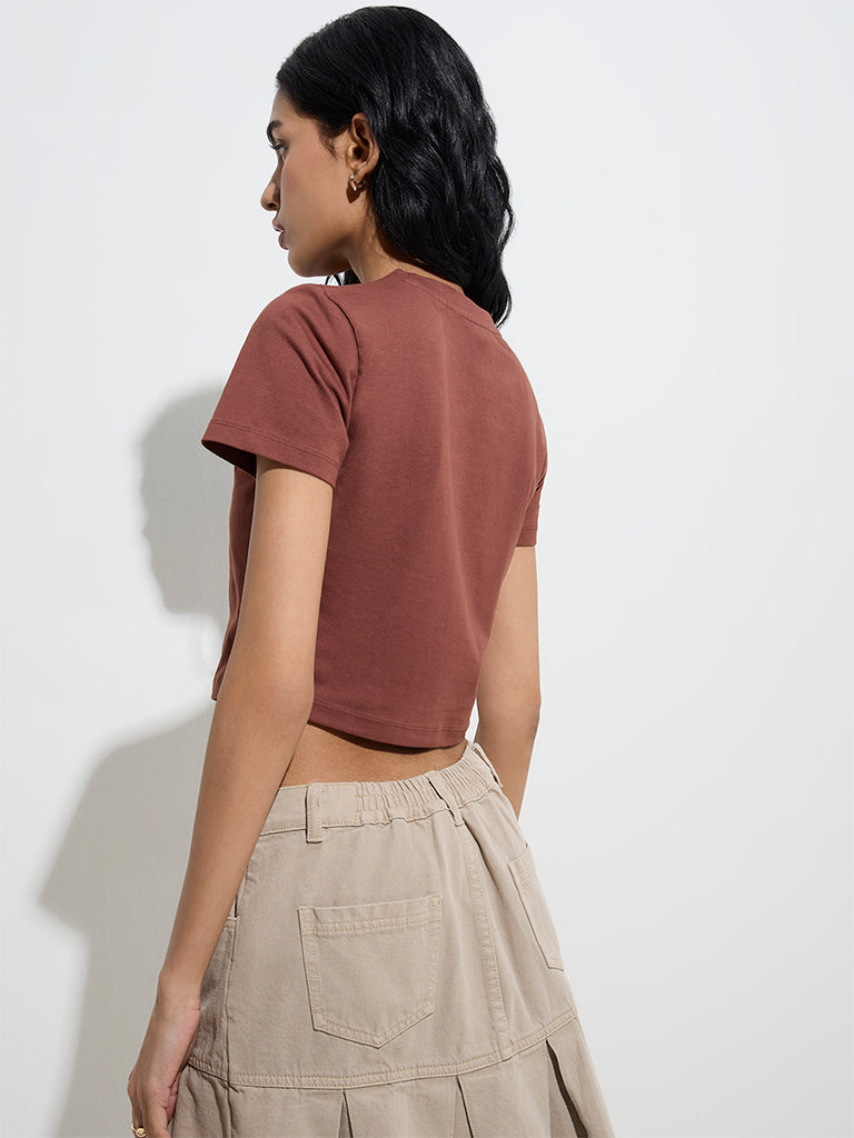 Westside Nuon Women's Brown Solid Cotton-Blend Crop Top for Casual Wear Back View