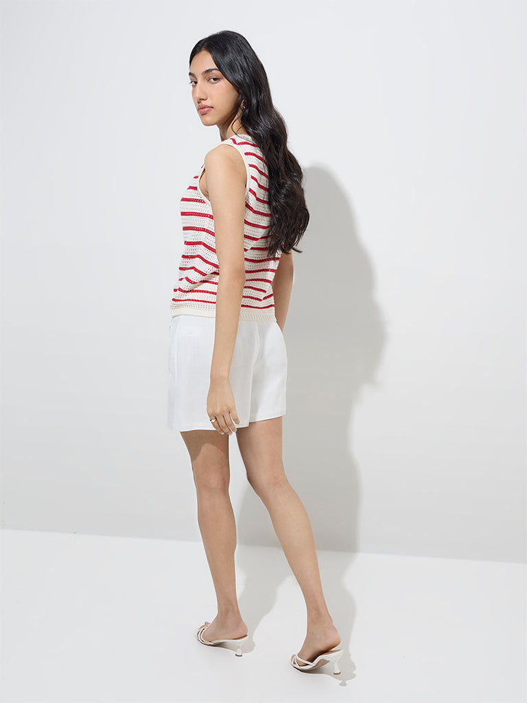 Westside LOV Women's Red Striped Crochet Cotton Top for Casual Wear Back View