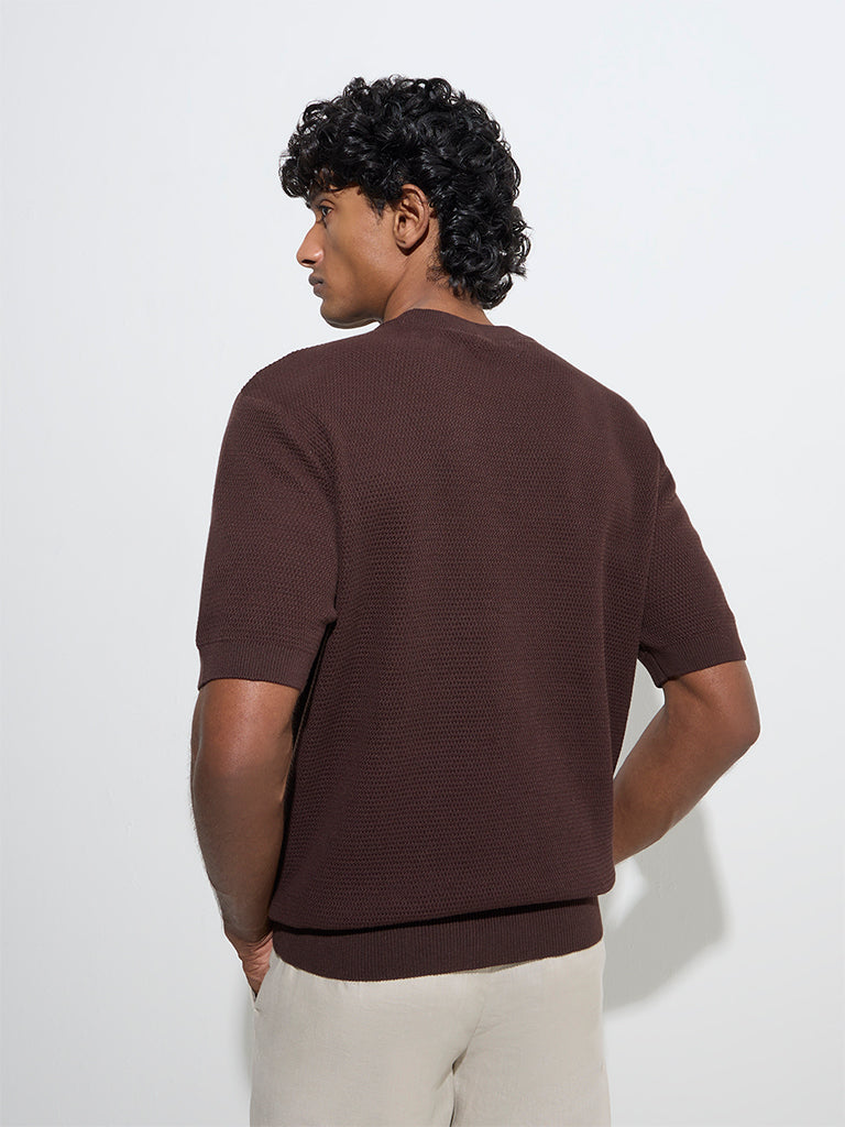 Westside Ascot Men's Dark Brown Knitted Relaxed-Fit Cotton-Blend T-Shirt for Casual Wear Back View