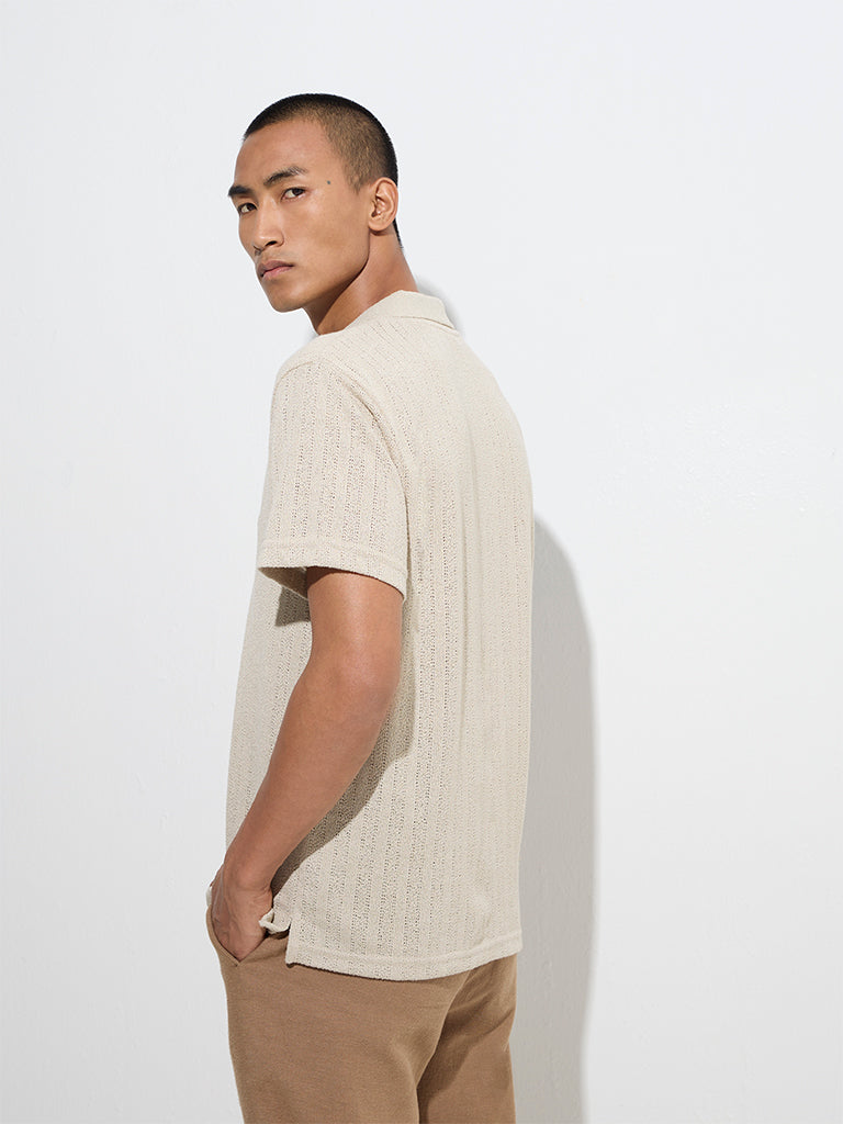 Westside ETA Men's Taupe Knit-Textured Relaxed-Fit Polo T-Shirt for Casual Wear Back View