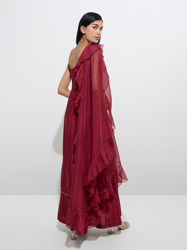 Westside Vark Women's Maroon A-Line Kurta, Palazzos, and Dupatta Set for Festive Wear Back View