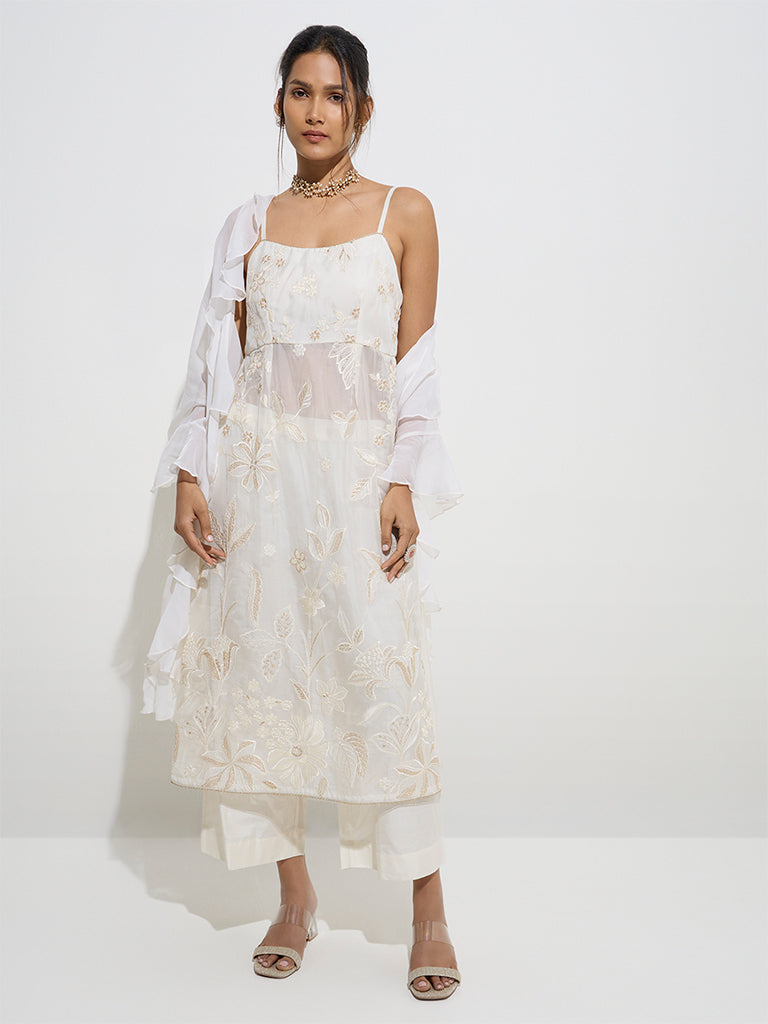 Westside Vark Women's Off-White Floral Kurta, Palazzos and Dupatta Set for Festive Wear Zoomed View