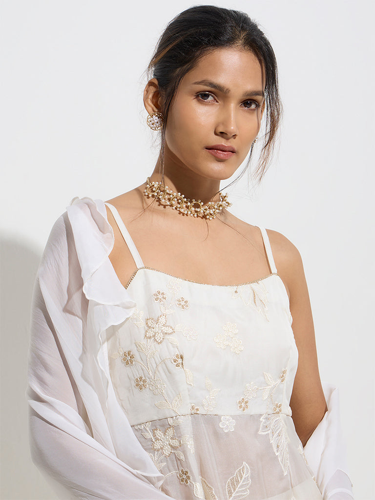 Westside Vark Women's Off-White Floral Kurta, Palazzos and Dupatta Set for Festive Wear Front View