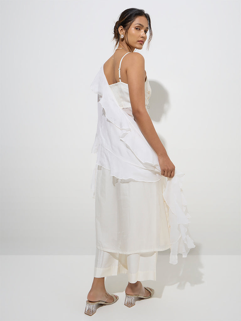 Westside Vark Women's Off-White Floral Kurta, Palazzos and Dupatta Set for Festive Wear Back View