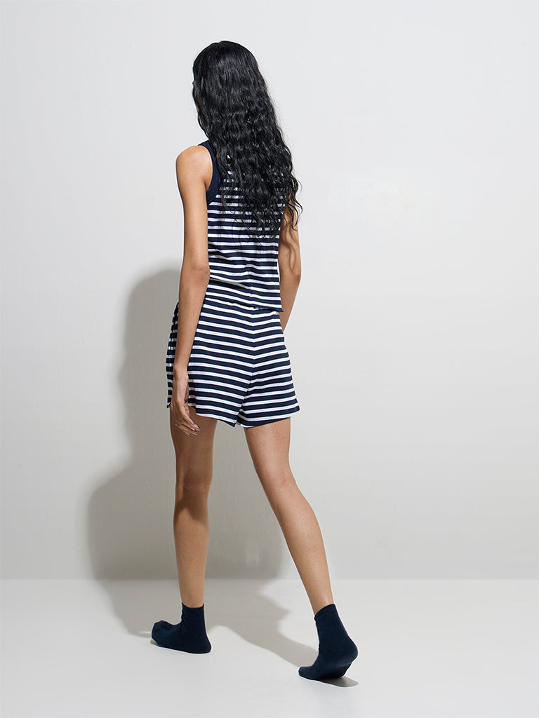 Westside Superstar Women's Navy Striped High-Rise Cotton Shorts for Casual Wear Back View