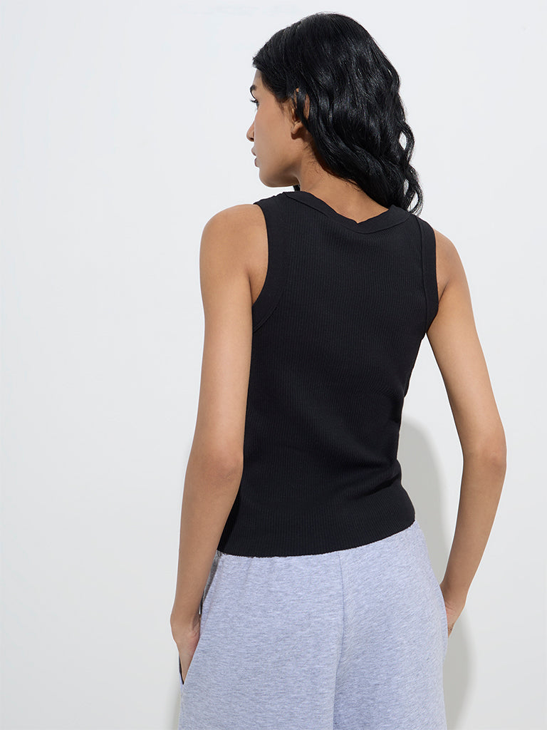 Westside Superstar Women's Black Ribbed-Textured Cotton-Blend Tank Top for Casual Wear Back View