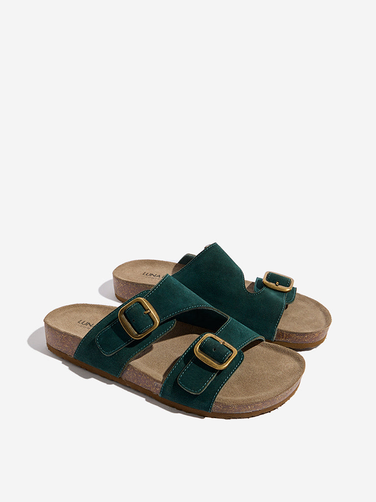 Westside LUNA BLU Women's Dark Green Faux-Suede Slip-On Comfort Sandals for Casual Wear Front View