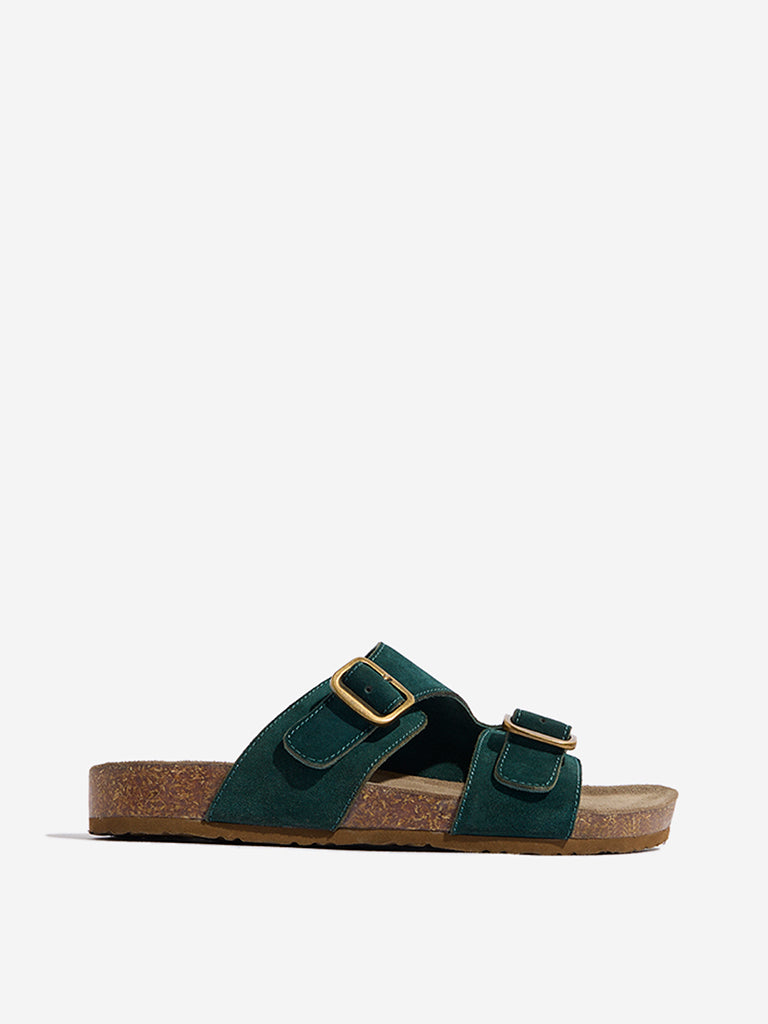 Westside LUNA BLU Women's Dark Green Faux-Suede Slip-On Comfort Sandals for Casual Wear Side View