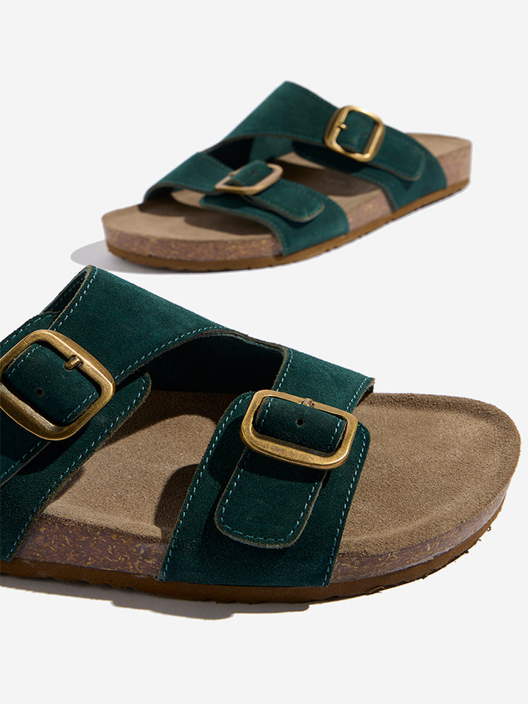Westside LUNA BLU Women's Dark Green Faux-Suede Slip-On Comfort Sandals for Casual Wear Zoomed View