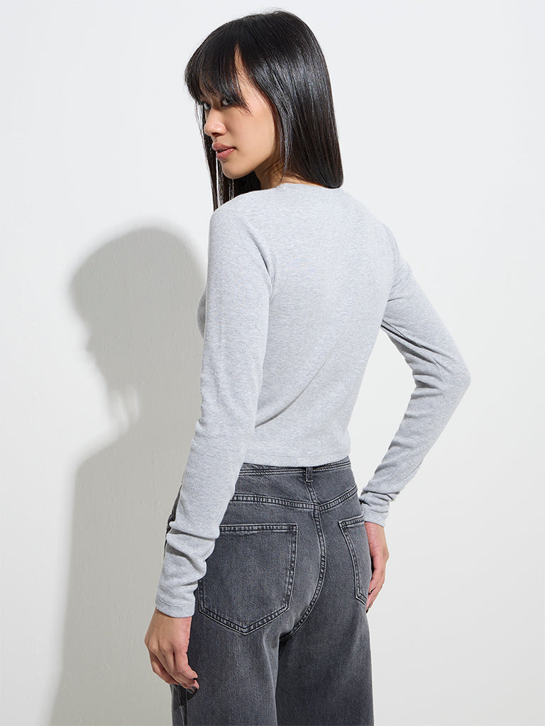 Westside Nuon Women's Grey Ribbed-Textured T-Shirt for Casual Wear Back View