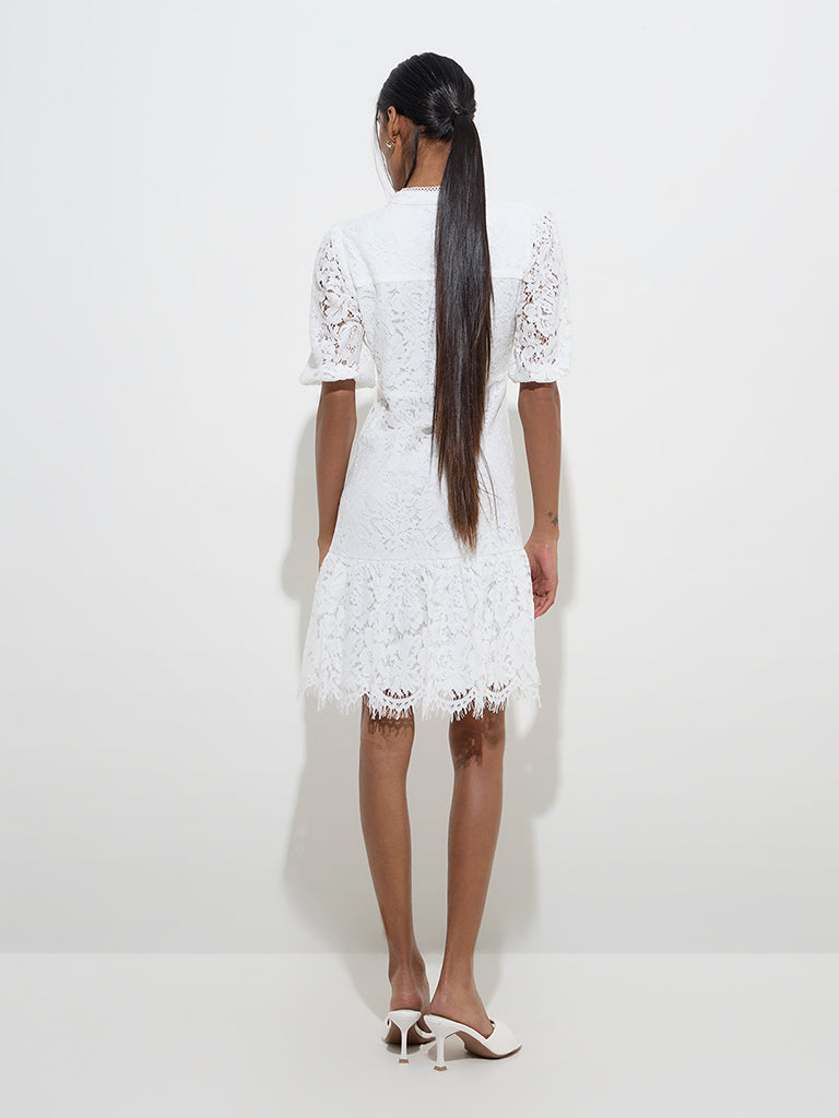Westside Wardrobe Women's White Lace-Detailed Tiered Dress for Work Wear Back View