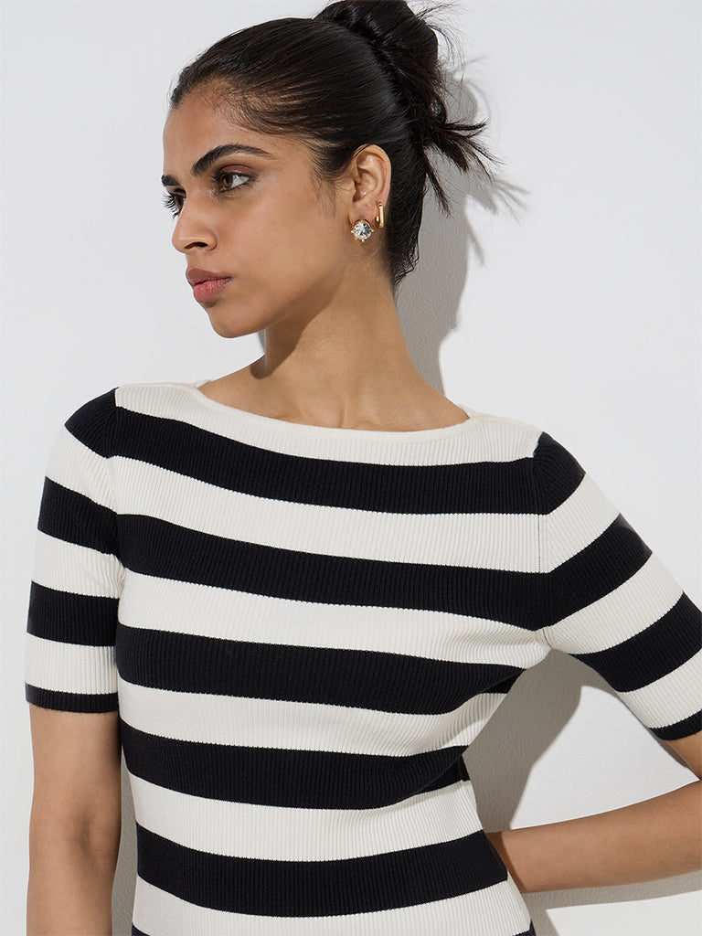 Wardrobe Ivory Stripe Printed Ribbed Bodycon Dress