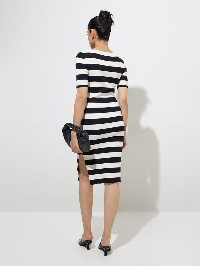 Westside Wardrobe Women's Ivory Stripe Printed Ribbed Bodycon Dress for Work Wear Back View