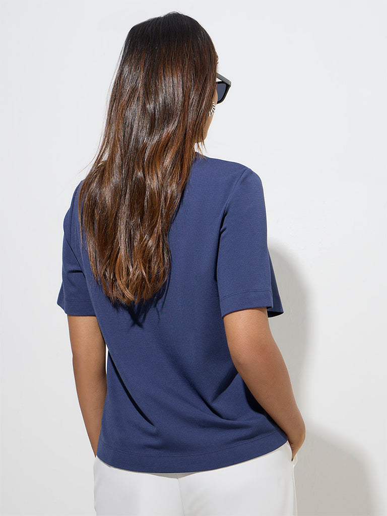 Westside Wardrobe Women's Navy Solid Top for Work Wear Back View