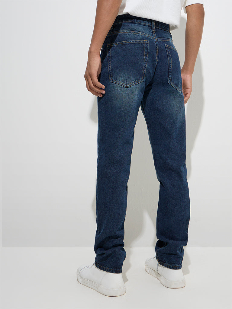 Westside Nuon Men's Dark Blue Relaxed-Fit Mid-Rise Jeans for Casual Wear Back View