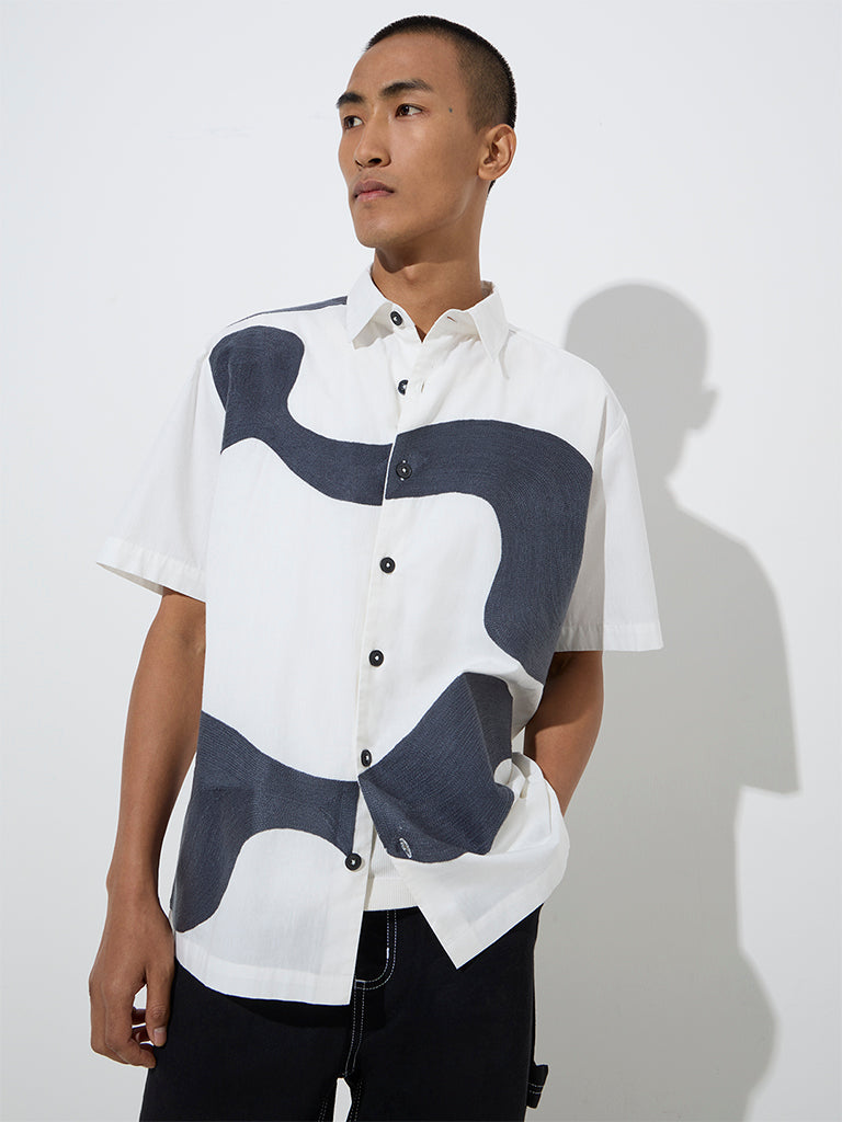 Nuon White Abstract Design Relaxed-Fit Cotton Shirt