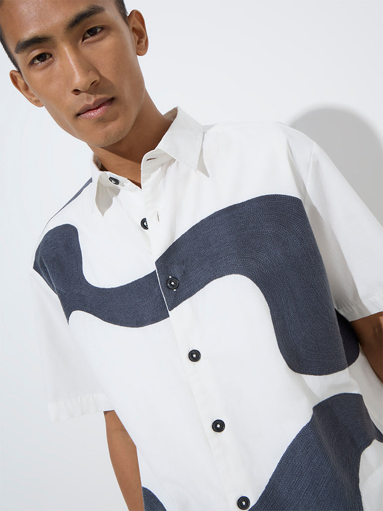 Nuon White Abstract Design Relaxed-Fit Cotton Shirt