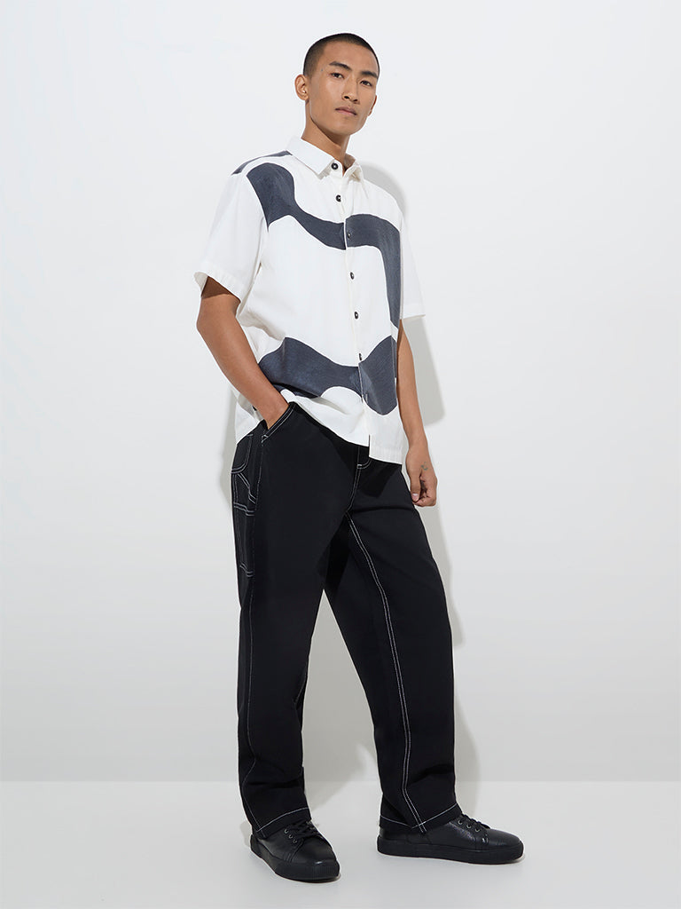 Nuon White Abstract Design Relaxed-Fit Cotton Shirt
