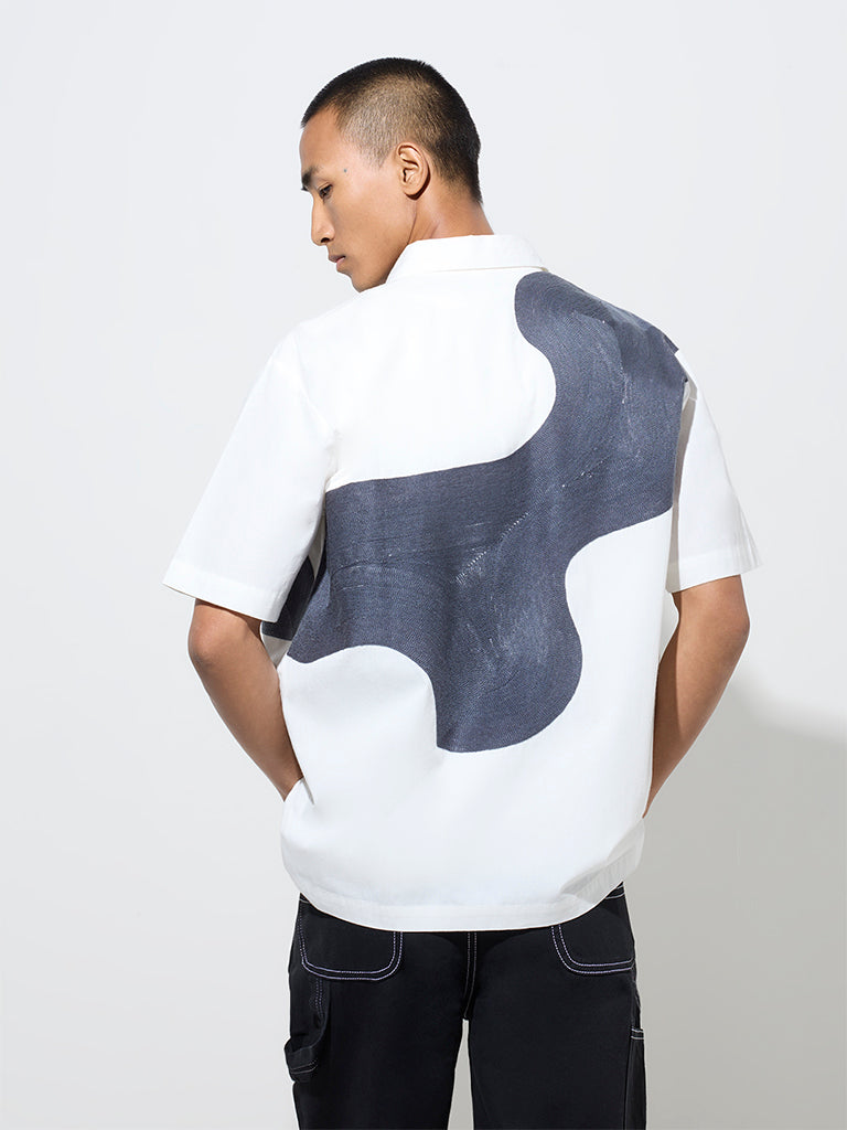 Nuon White Abstract Design Relaxed-Fit Cotton Shirt