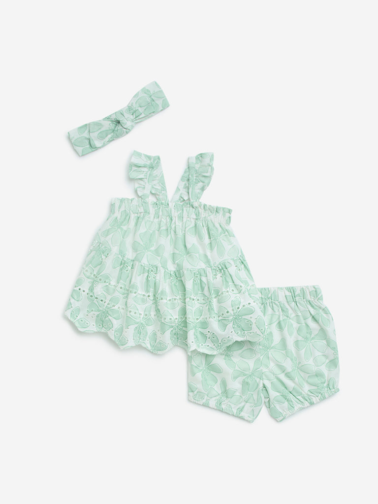 HOP Baby Sage Cotton A-Line Dress, Shorts and Headband Set