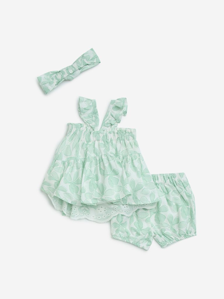 HOP Baby Sage Cotton A-Line Dress, Shorts and Headband Set