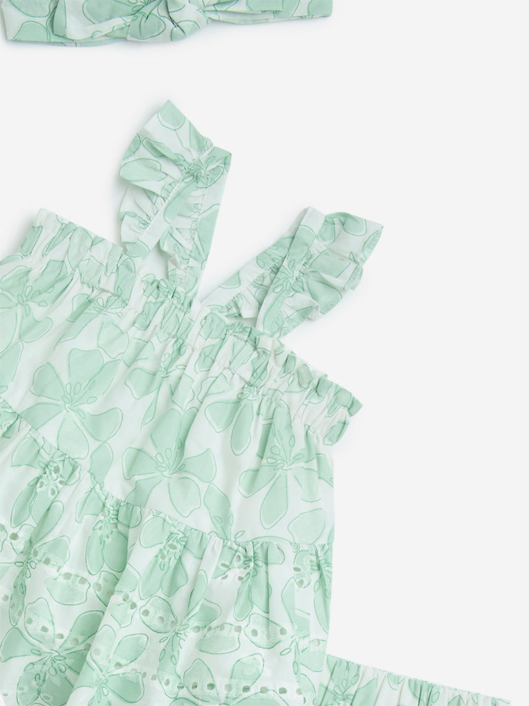 Westside HOP Baby Girl's Sage Cotton A-Line Dress, Shorts and Headband Set for Casual Wear Zoomed View