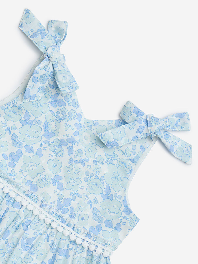 Westside HOP Baby Girl's Light Blue Floral Design Cotton Tiered Dress for Casual Wear Zoomed View