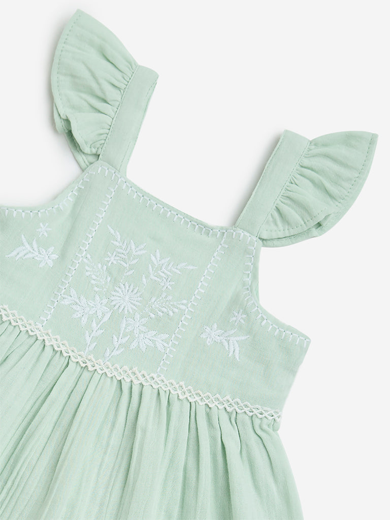 HOP Baby Sage Floral Embroidered Cotton A-Line Dress