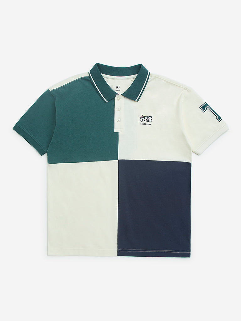 Y&F Kids Green Colour-Blocked Cotton Polo T-Shirt