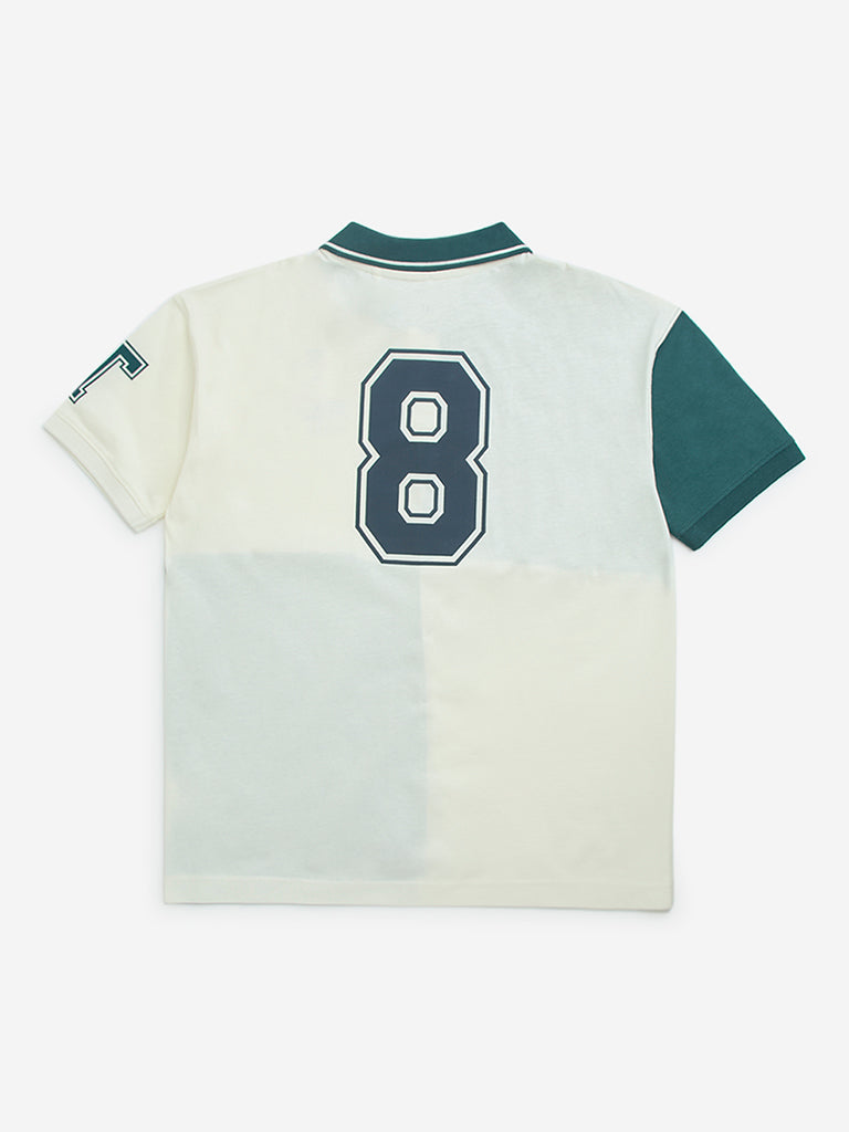 Y&F Kids Green Colour-Blocked Cotton Polo T-Shirt