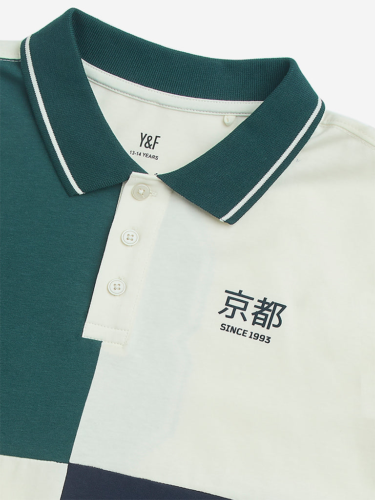 Y&F Kids Green Colour-Blocked Cotton Polo T-Shirt