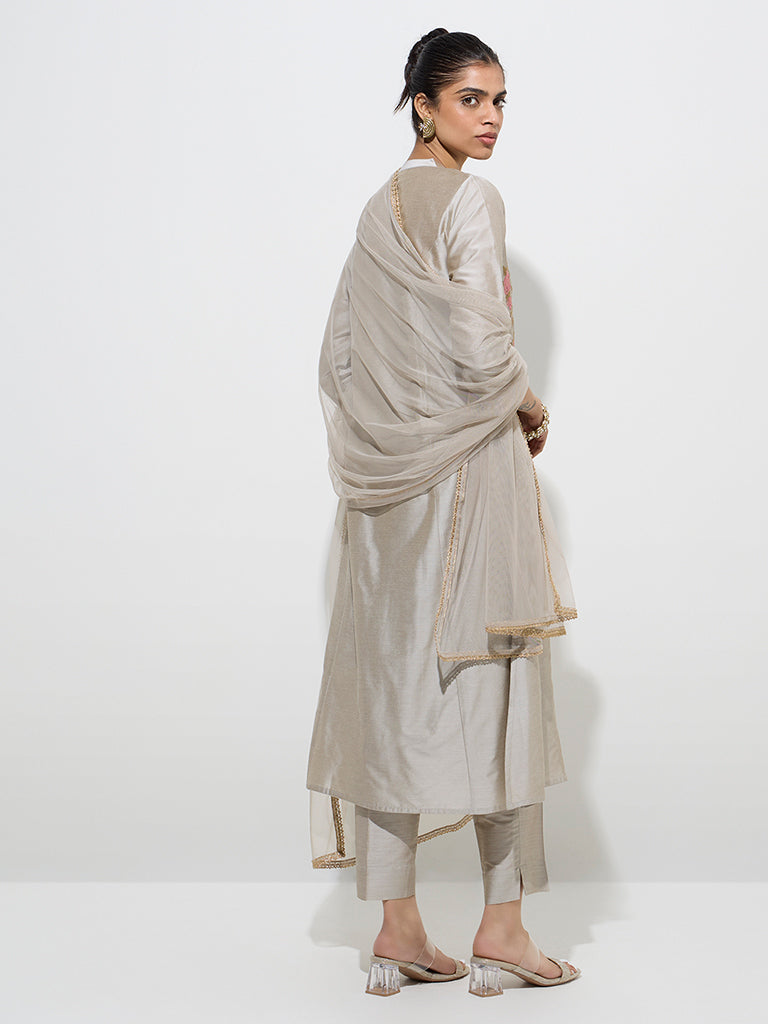 Westside Vark Women's Grey Floral A-Line Kurta, Ethnic Pants and Dupatta Set for Festive Wear Back View