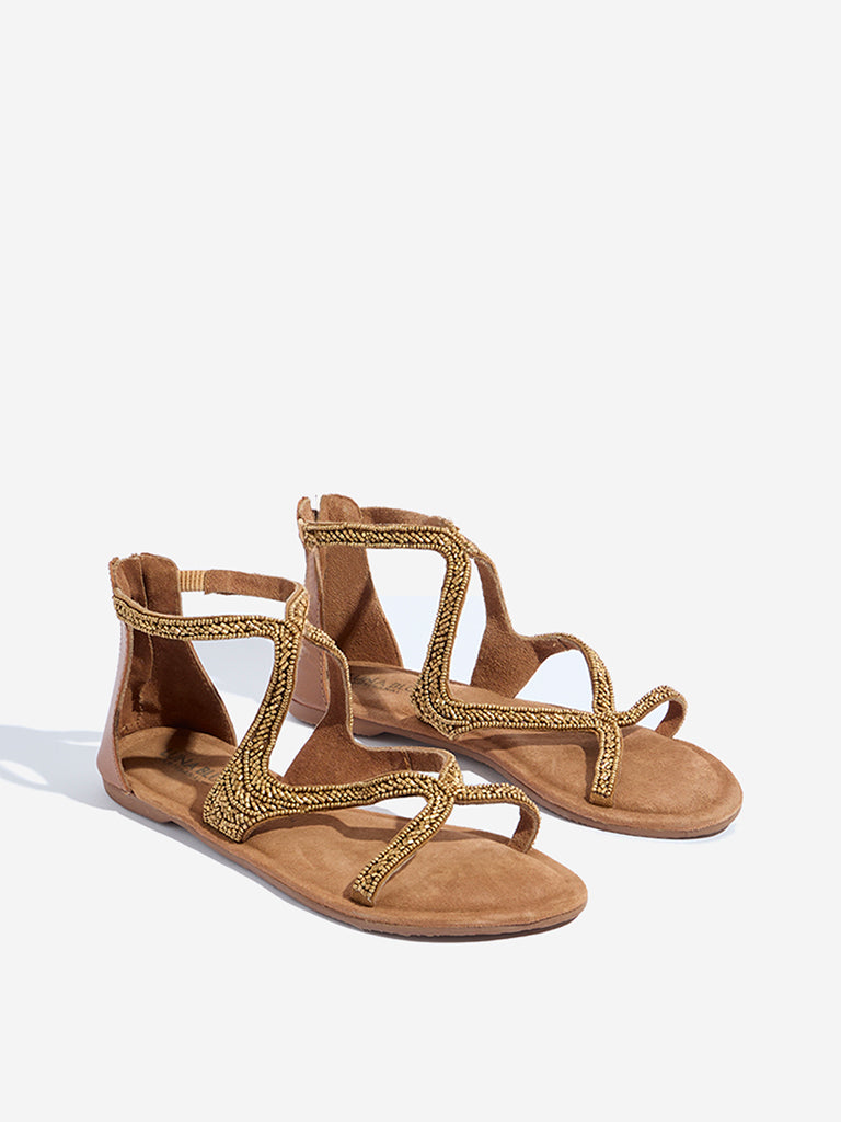 Westside LUNA BLU Women's Brown Embellished Gladiator Sandals for Festival Wear Front View