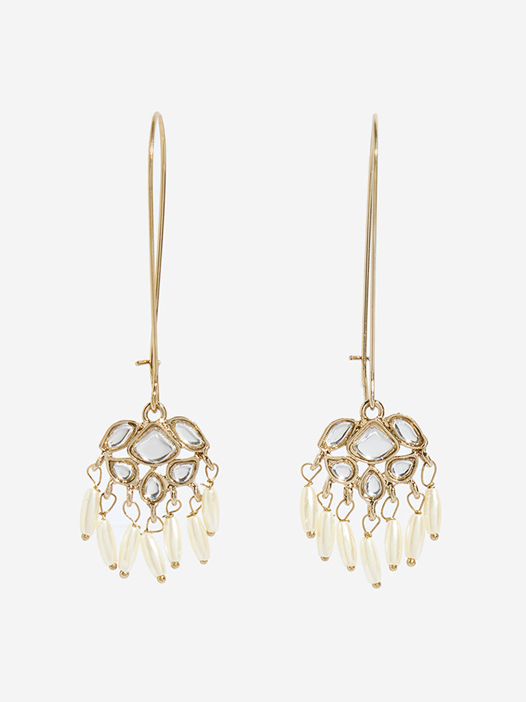 Westside Accessories Gold Rice Pearl Long Fish Hook Earrings