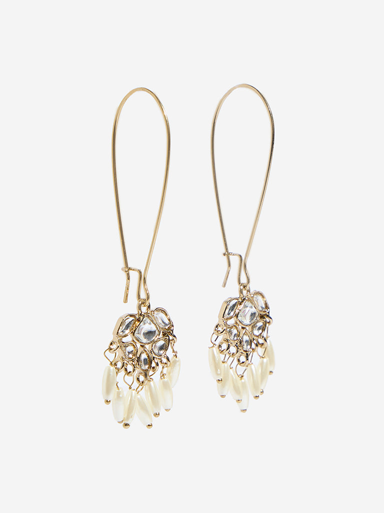 Westside Accessories Gold Rice Pearl Long Fish Hook Earrings