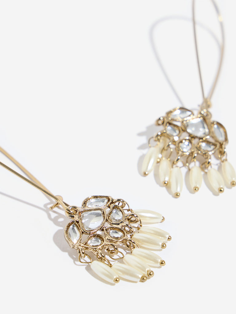 Westside Accessories Gold Rice Pearl Long Fish Hook Earrings