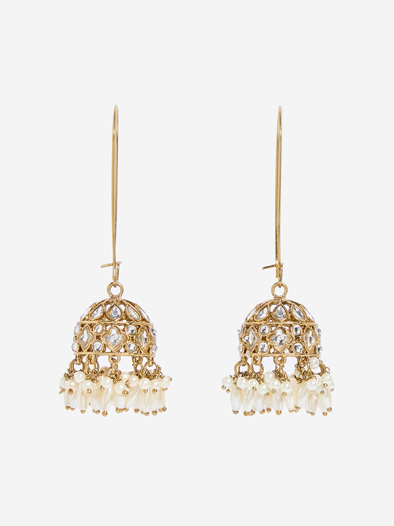Westside Accessories Gold Rice Pearl Fish Hook Jhumka Earrings