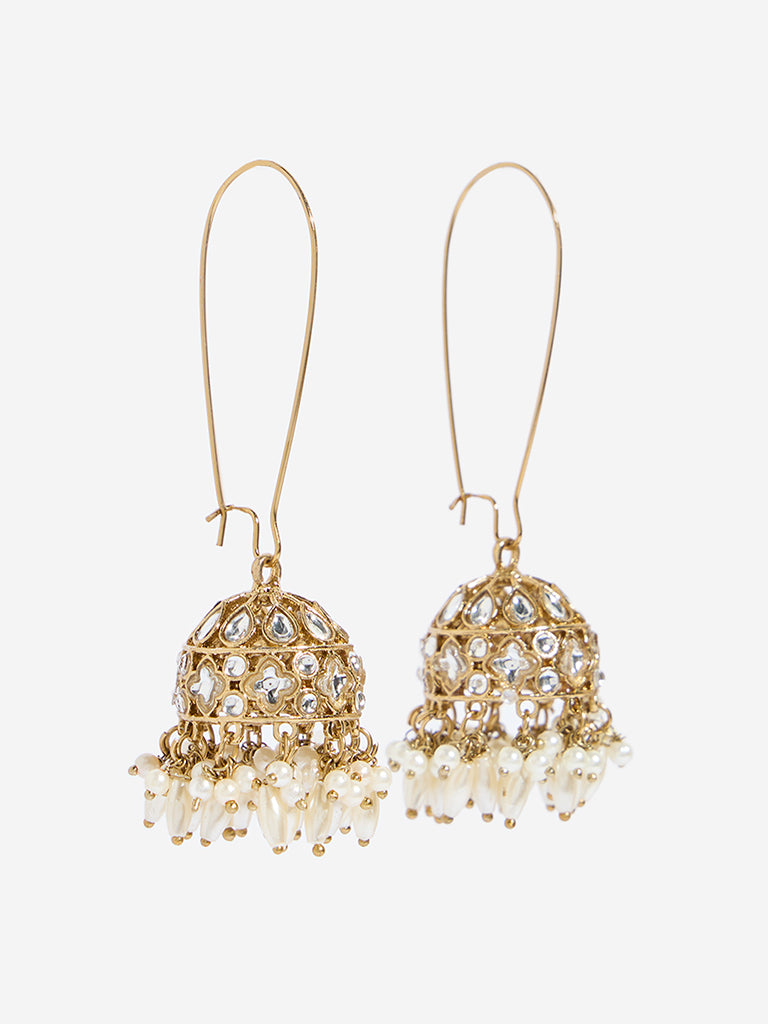 Westside Accessories Gold Rice Pearl Fish Hook Jhumka Earrings