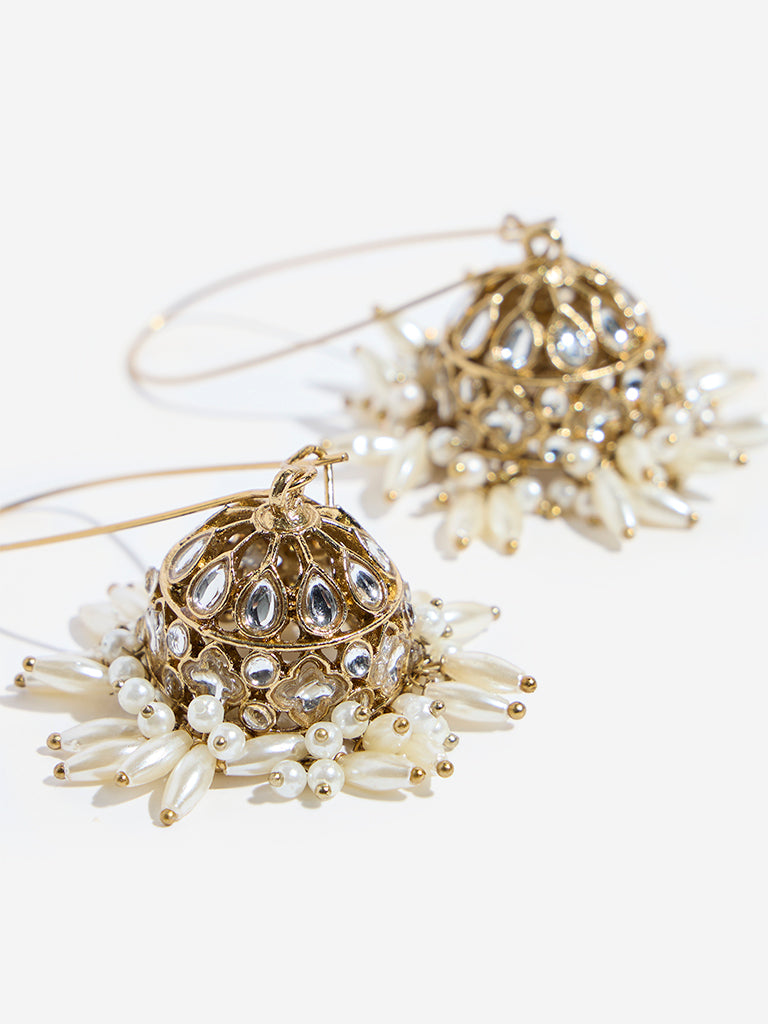 Westside Accessories Gold Rice Pearl Fish Hook Jhumka Earrings