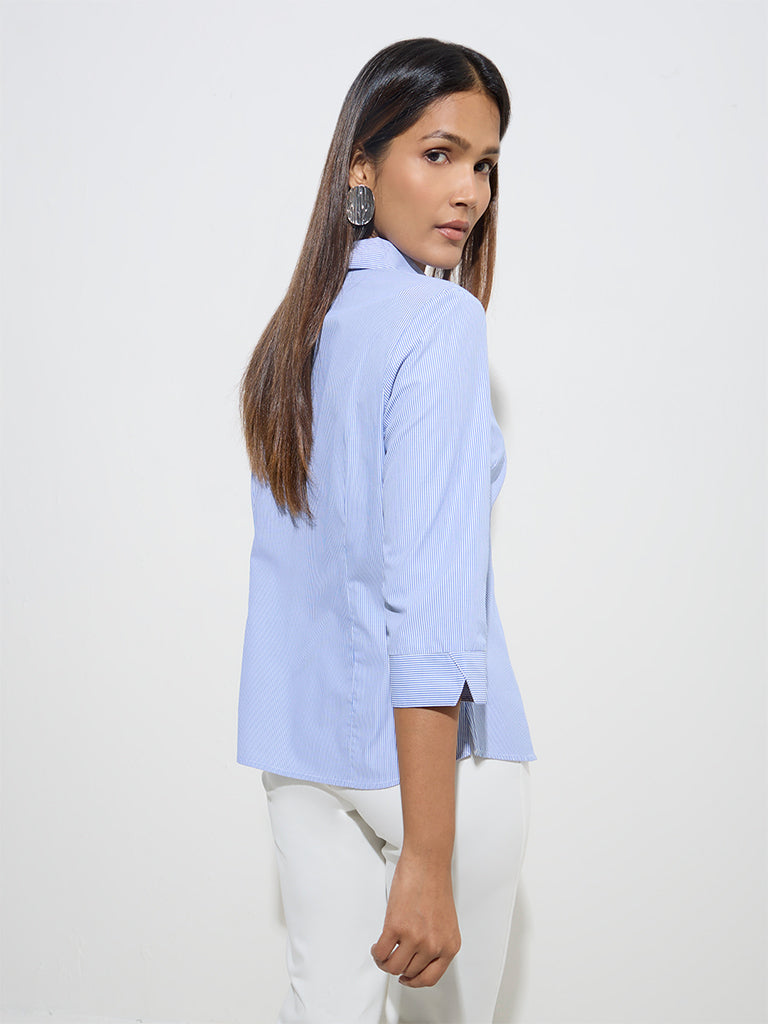 Westside Wardrobe Women's Blue Striped Shirt for Work Wear Back View