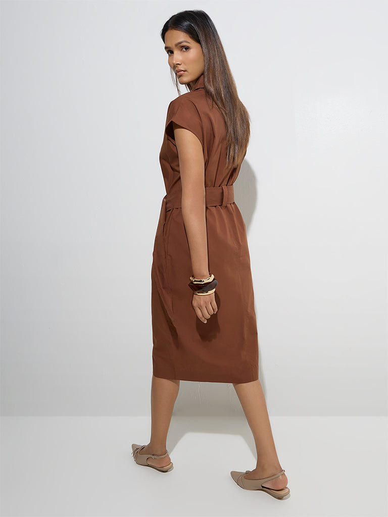 Westside Wardrobe Women's Tan Cotton A-Line Dress with Belt for Work Wear Back View