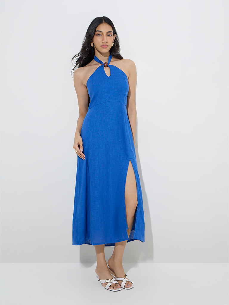 Westside LOV Women's Blue Solid Linen-Blend A-Line Dress for Casual Wear Front View