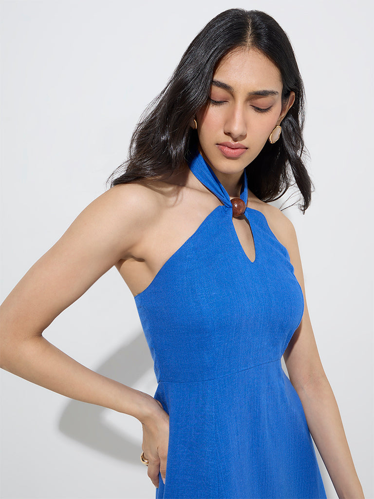 Westside LOV Women's Blue Solid Linen-Blend A-Line Dress for Casual Wear Zoomed View