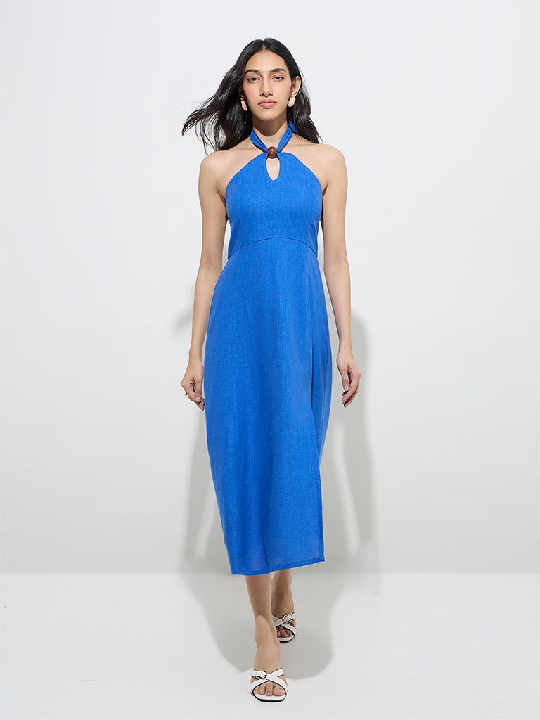 Westside LOV Women's Blue Solid Linen-Blend A-Line Dress for Casual Wear Full View