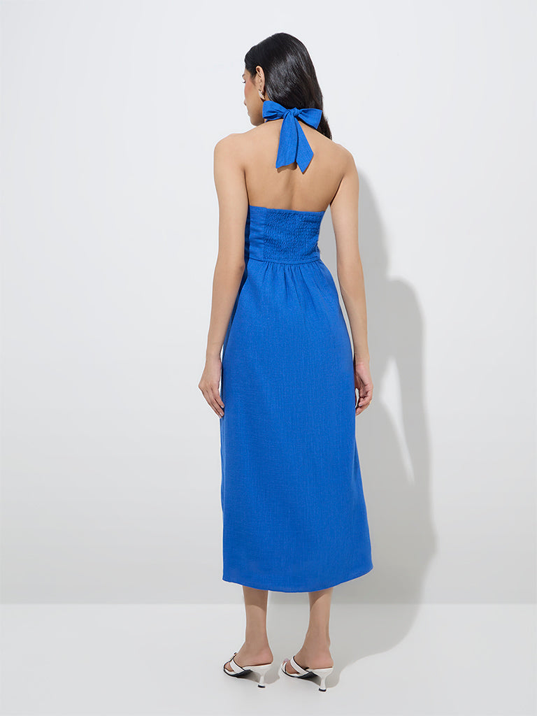 Westside LOV Women's Blue Solid Linen-Blend A-Line Dress for Casual Wear Back View