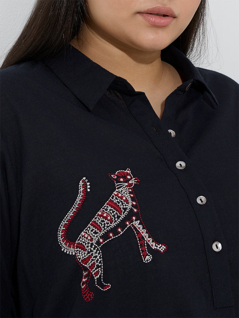 Diza Black Animal Embroidered A-Line Kurta