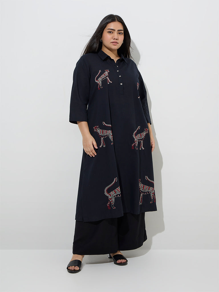 Diza Black Animal Embroidered A-Line Kurta